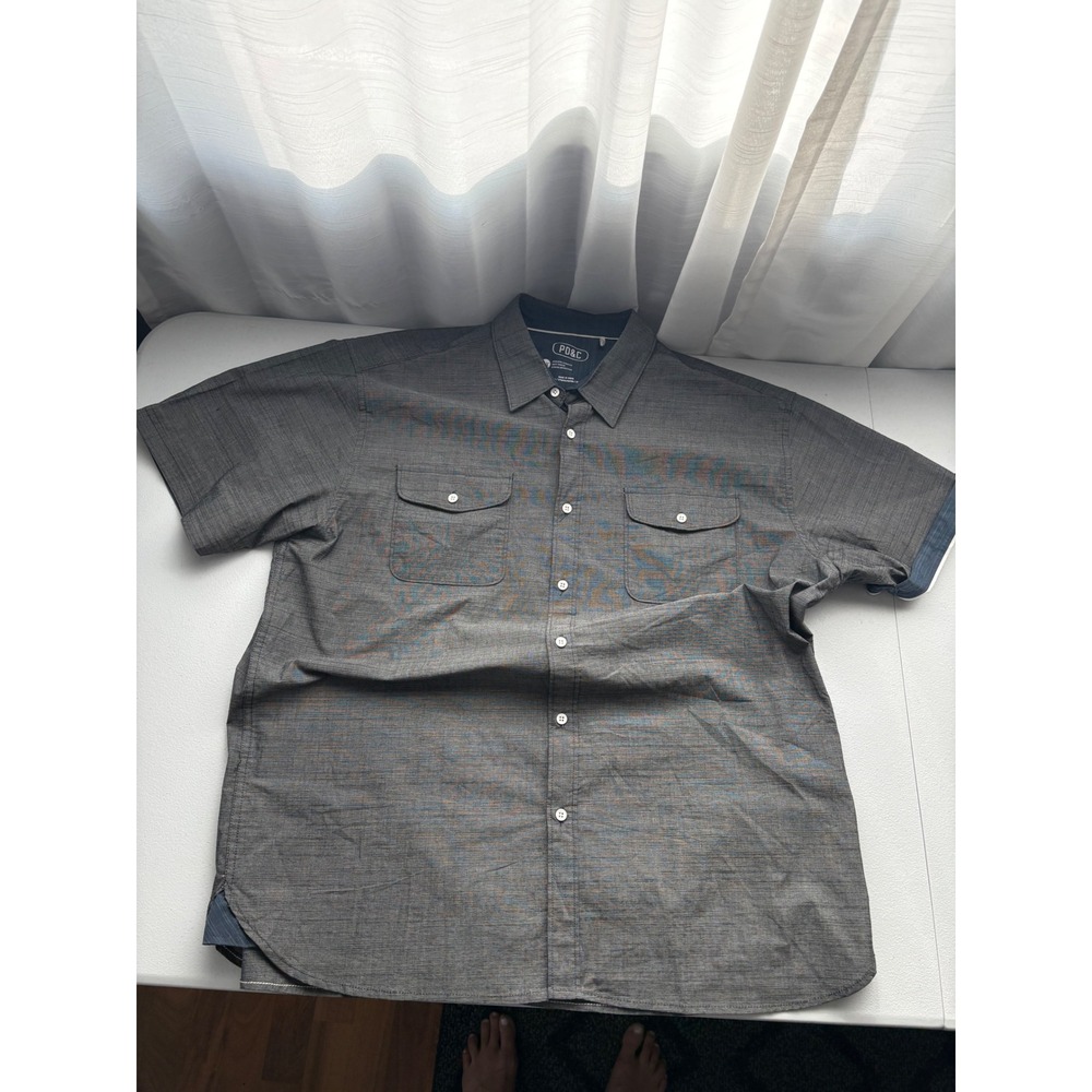 PD&C Mens 2X Gray Short Sleeve Button Down Shirt Athletic Stretch Cotton Blend